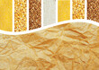 different types of grains buckwheat, chickpeas, rice, corn and crumpled wrapping paper background