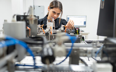 Computer science development engineer working on robotic arm connection and control at electronic futuristic technology center. Modern people training in industry 4.0 automated engineering workshop