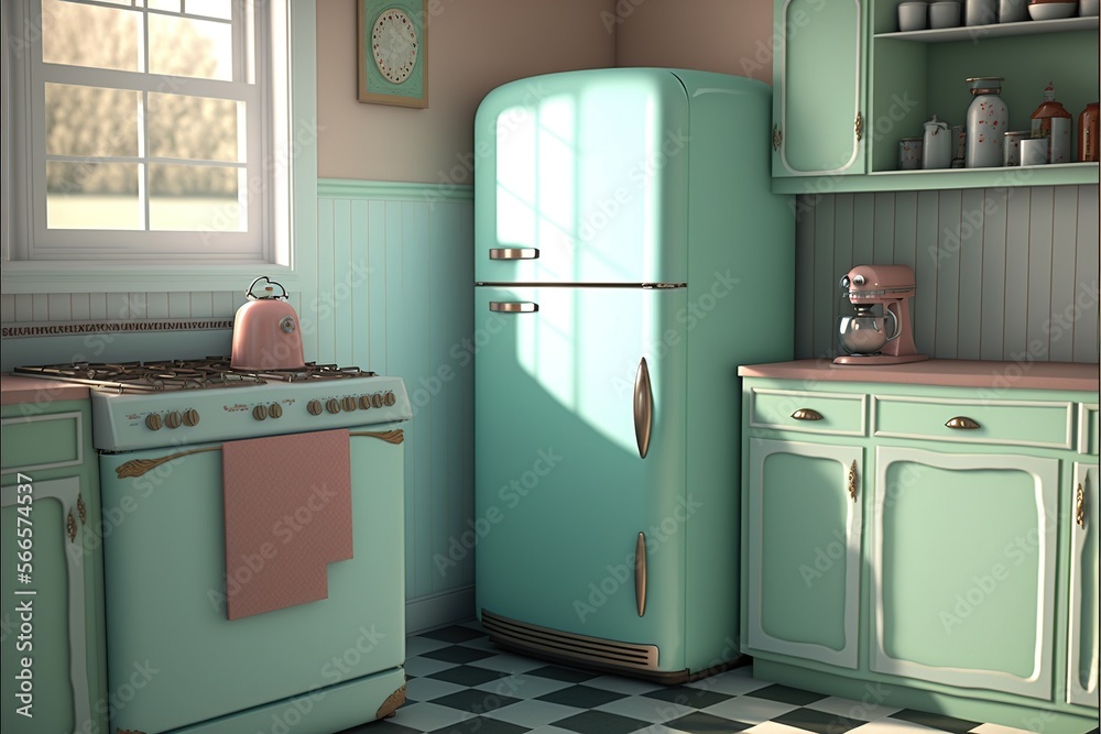 Image of retro kitchen interiors with fridge and appliances, created ...