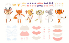 Cute Animal Girls In Leotards, Pointe Shoes, Skirts, Accessories, Wings Clipart Collection, Isolated On White. Ballerina Creator, DIY. Hand Drawn Vector Illustration. Scandinavian Style Flat Design.