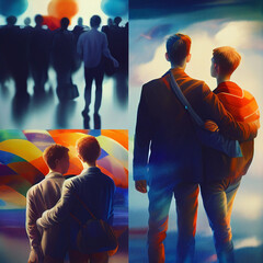 Love is love. International lgbt gay love. Ai generated. Two unrecognizable men from the back hugging each other.