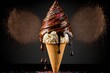  a chocolate ice cream cone with sprinkles and chocolate sauce on top of it, with a spoon sticking out of the ice cream.  generative ai