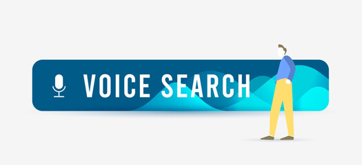 Poster - Voice Search - hands-free audio speech recognition technology concept. Sound recognition illustration with search bar and waves. Horizontal vector illustration isolated on white background