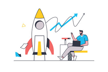 Aufkleber - Business startup flat line concept. Man generates new ideas, analyzes and creates success strategy, launches startup and develops project. Vector illustration with outline people scene for web design