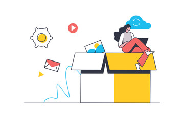 Aufkleber - Cloud storage flat line concept. Woman uses cloud technologies for data exchange and storage, documents online backup, network hosting. Vector illustration with outline people scene for web design