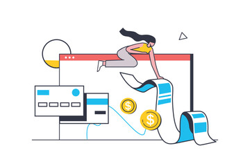 Aufkleber - Electronic receipt flat line concept. Woman receiving digital invoice and paying bill online using credit card and bank account website. Vector illustration with outline people scene for web design