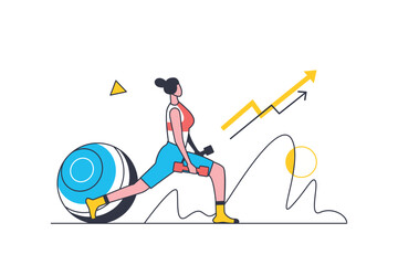 Aufkleber - Fitness flat line concept. Woman athlete doing exercises with dumbbells and fitness ball, doing strength training and improving her body. Vector illustration with outline people scene for web design