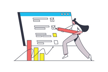 Poster - Online survey flat line concept. Woman fills out questionnaire form and checks answers, quiz at website, online voting or user experience. Vector illustration with outline people scene for web design