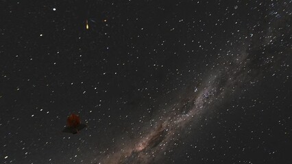 Wall Mural - Timelapse James Webb Space Telescope JWST in Distance Moving Towards Camera with Milky Way Galaxy Stars Background - 3D CGI Animation 4K