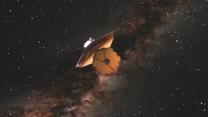Wall Mural - James Webb Space Telescope with Camera Rotating and JWST Moving Past Taking in Early Universe Pictures - 3D CGI Animation 4K