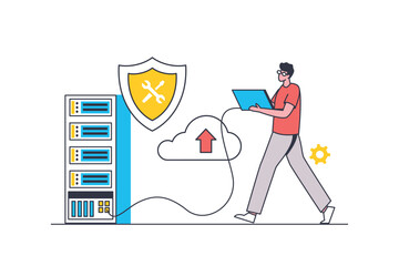 Aufkleber - Server maintenance flat line concept. Man monitoring and administering hardware, fixing and provides work of server racks in data center. Vector illustration with outline people scene for web design