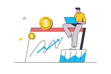 Aufkleber - Stock market flat line concept. Man looks at stock data graph and success trading, earning money from investment with financial tools. Vector illustration with outline people scene for web design