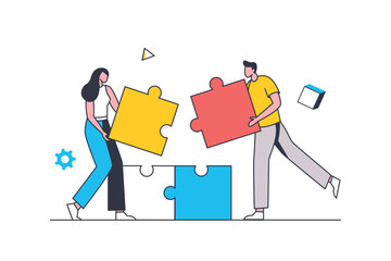 Poster - Teamwork flat line concept. Man and woman connecting puzzle elements, supporting each other, team collaboration and cooperation in work. Vector illustration with outline people scene for web design