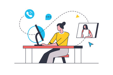 Aufkleber - Video conference flat line concept. Woman talking in group online chat with colleague or friend. Online communicating and distant meeting. Vector illustration with outline people scene for web design