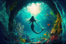 Fantasy Underwater World With Beautiful Mermaid Swimming In Sea