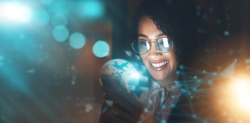 Leinwandbilder - Business woman, overlay and global tech at night for network connection and information technology. Iot, smile and future 3d world hologram mockup, person in dark workplace for digital data research