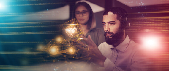 Poster - Hologram, call center and business people at night working on software, database and networking. Information technology, customer support and man and woman consultant with 3d abstract for innovation