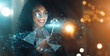 © Angelo/peopleimages.com - Overlay, global tech and black woman at night for information technology, research or digital job. Iot, smile and future 3d world hologram in dark, person networking with cloud computing dashboard