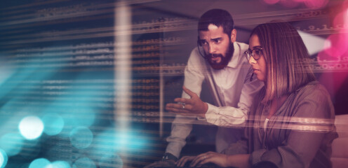 Poster - Businessman, woman and overlay in night for planning solution, innovation and mockup space. Information technology, collaboration or coaching with 3D hologram abstract for coding strategy advice