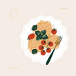 Pasta with basil and tomatoes on a plate. Textured illustration. Italian food. Vector illustration