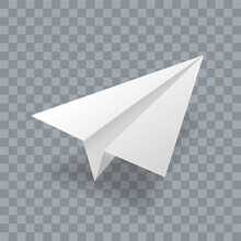 Paper Plane Vector Realistic 3D Model. White Paper Airplane Jet Isolated On Transparent Background