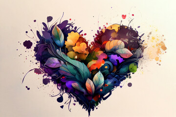 The shape of a heart drawn with a multitude of leaves and colorful flowers on a white background - Valentine's Day - Lovers' Day - Spring is coming - Generative Ai