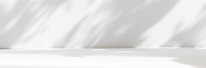 Fototapete - Abstract white studio background for product presentation. Empty room with shadows of window and flowers and palm leaves . 3d room with copy space. Summer concert. Blurred backdrop. Banner