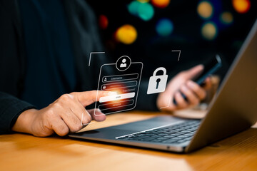 Poster - Cybersecurity and privacy concepts protect data. lock icon and Internet network security technology. Businessmen protecting personal data on laptops and virtual screens.