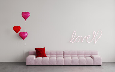 Valentine or birthday party empty interior room with pink sofa and pink, red heart balloon home decor. Neon light 