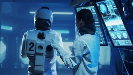 Wall Mural - Team of astronauts in a space suits aboard the orbital station. A crew of cosmonauts preparing the spacesuit. Man and woman in space. Galactic travel and science concept.