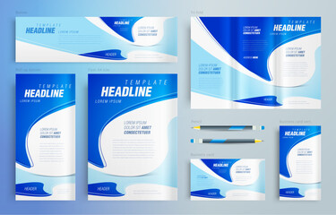 Curves theme Blue color Set flyer cover, tri-fold, banner, roll up banner, business card