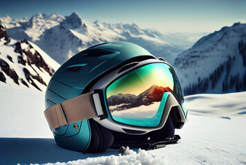 Wall Mural - Skiing helmet on snowy background. Generative AI.