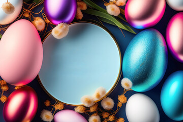 Poster - Beautiful colorful composition with richly luxuriously decorated Easter eggs and flowers in blue and pink colors. Generated AI.