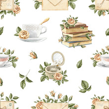 Seamless Pattern With Many Varied Antique Things Cup, Books, Music Box, Letters And Roses Isolated On White Background. Watercolor Hand Drawn Illustration Sketch