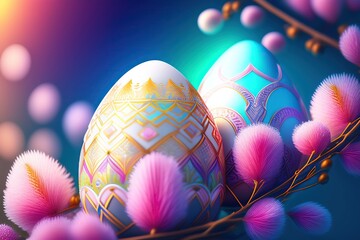 Poster - Beautiful colorful composition with richly luxuriously decorated Easter eggs and flowers in blue and pink colors. Generated AI.