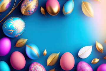 Poster - Beautiful colorful composition with richly luxuriously decorated Easter eggs and feathers in blue and pink colors. Generated AI.
