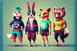 Standing animals wearing sportswear. Anthropomorphic standing and full-length animals. Stading animals dressed in clothes for gymnastics and sports. Life style sports animal head. Ai generated.