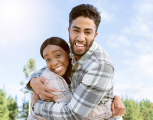 Wall Mural - Couple, portrait smile and hug for summer vacation, travel or holiday break together outdoors. Happy man and woman hugging, smiling and enjoying traveling, trip or getaway in nature happiness