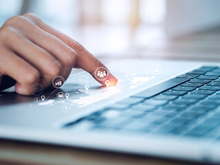 Poster - Digital global network technology expansion, business marketing and management concepts. Location and business strategy icons on world map appear while fingertips touch on touchpad on laptop computer.