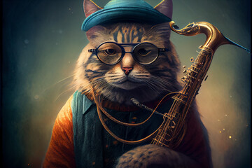 Serious cat is a musician. The cat is holding a musical instrument in its paws.