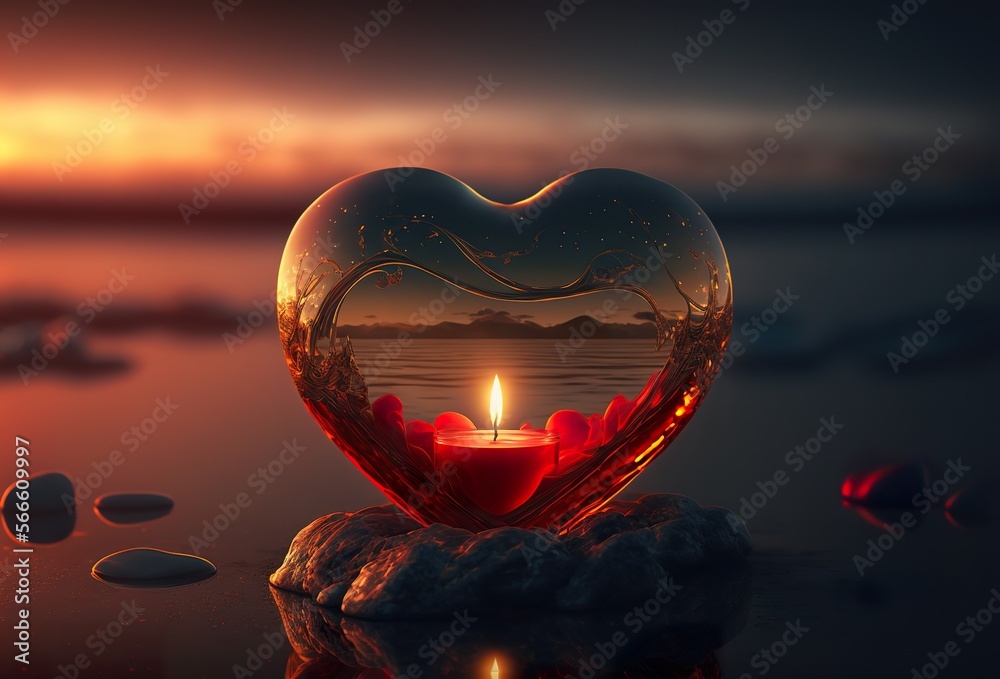 Herz aus Glas beleuchtet mit einer Kerze im inneren. Romantische Stimmung am Stand mit Sonnenuntergang. Ideal zum Valentinstag oder als Hintergrundbild. Stock Illustration