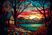 A Beautiful Landscape In The Style Of Stained Glass Art, Created With Generative Ai Technology
