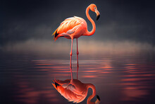 A Flamingo Standing Alone In A Shallow Pond, Its Reflection The Only Company It Has, Generative Ai