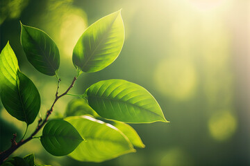  a close up of a green leaf on a tree branch with sunlight shining through the leaves on the branches and the leaves on the branch.  generative ai