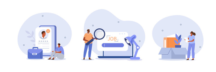 Wall Mural - Job searching and loss illustration set. Characters getting CV rejection, being unemployed and having difficulties of searching for new job. Labor market concept. Vector illustration.