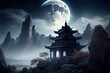 Generative AI illustration of Fantasy background with mysterious ancient Chinese temple in mountains. Digital artwork. Chinese style. Gaming and art concept.
