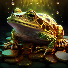 Close-up Of A Golden Toad Sitting On Coins. Generative AI. The Concept Of Financial Growth And Wealth.