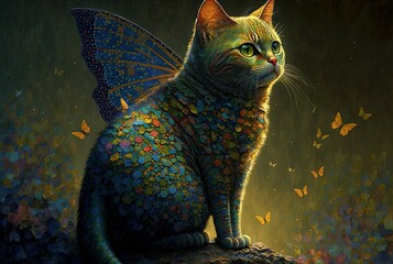 Wall Mural - Fine Art Pointillism, Adorable Cat Dragon with Butterfly Wings. generative ai