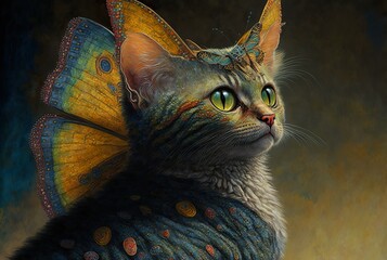 Wall Mural - Fine Art Pointillism, Adorable Cat Dragon with Butterfly Wings. generative ai