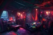 © CravenA - Generative AI illustration of messy and dark cyberpunk hacker hideout room with lights